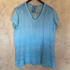 Johnny Was Silk light blue shirt with embroidery